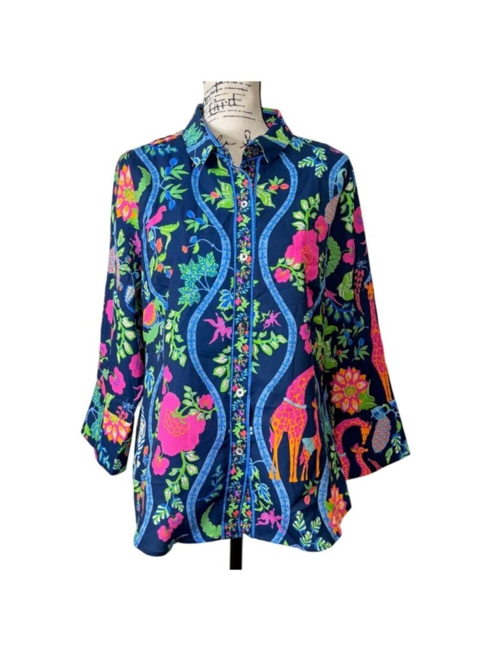 Gretchen Scott Womens Size L  Button-Up Shirt Jungle Symphony Top Navy Colorful